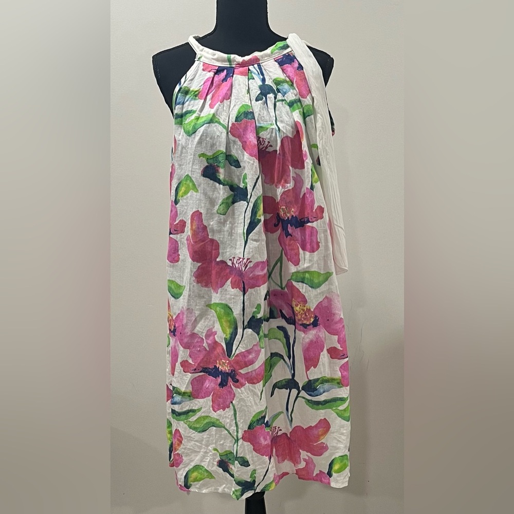 Sleeveless White Floral Halter Sundress with Pink & Green Print